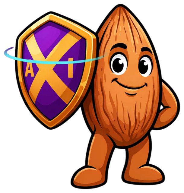The HealthNut AI mascot: a smiling almond holding a purple and gold shield